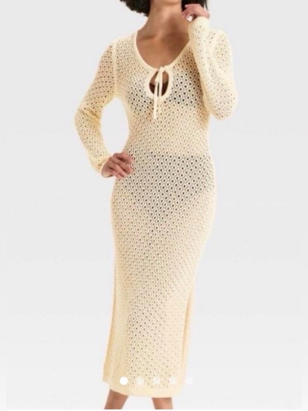 a new day Cream Crochet Long-Sleeve Maxi Dress with Tie Front